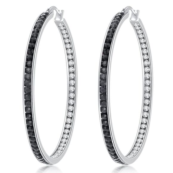 14K White Gold with Black Onyx and White Diamond Cubic Zirconia Hoop Earrings - Picture 1 of 5